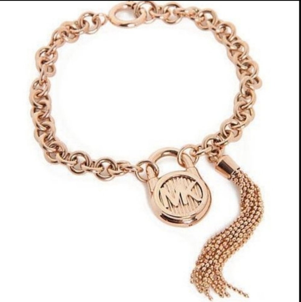 Michael Kors Hamilton Bracelet ChainLink Padlock Charm Tassel Rose GoldTone NWT